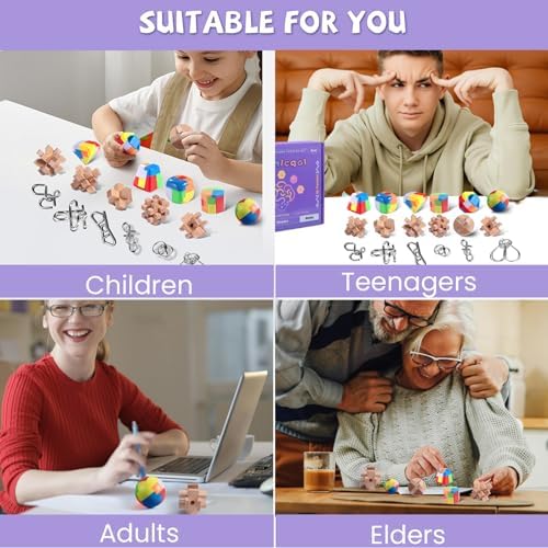 Kids and adults solving educational IQ test puzzles for screen free entertainment.