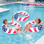 Three red white and blue swimming tubes for summer beach fun.