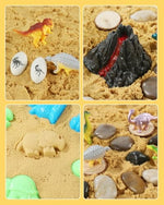 Toddler playing with dinosaur sensory bin and molds