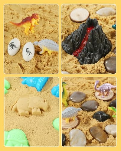 Toddler playing with dinosaur sensory bin and molds