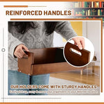 CroBlissful natural wood compact disc display stand on a living room desktop