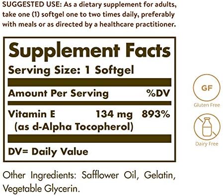 Solgar Natural Source Vitamin E 134 Milligrams supplement facts and ingredient label details
