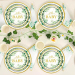 Sage Greenery OH Baby party supplies displayed on a dining table