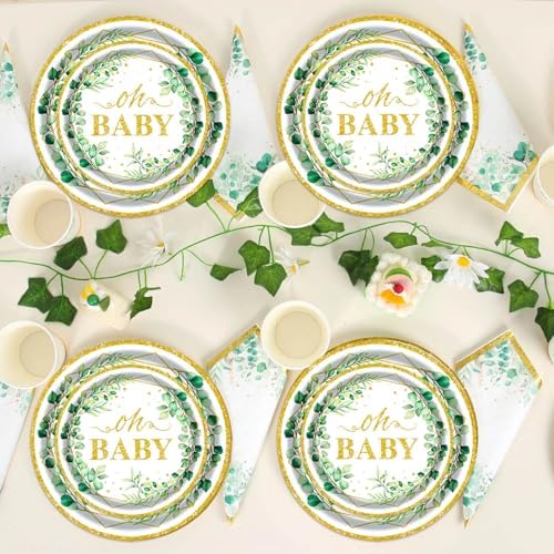 Sage Greenery OH Baby party supplies displayed on a dining table