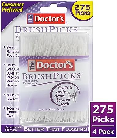 The Doctor's BrushPicks dual-action interdental tool showcasing the soft bristle brush head end