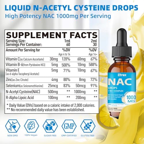 Back label of Elysx NAC Drops detailing the 7 in 1 complex ingredients and dosage instructions