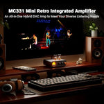 Fosi Audio MC331 stereo power amplifier angled view showcasing the compact desktop form factor and metallic control knobs.