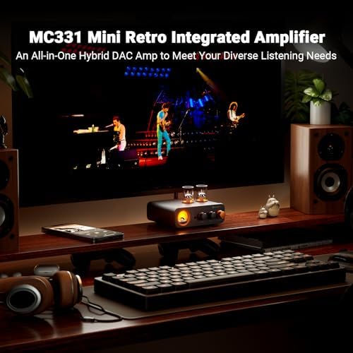 Fosi Audio MC331 stereo power amplifier angled view showcasing the compact desktop form factor and metallic control knobs.