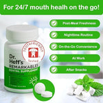 Close up of Dr Heff's dental supplement bottle highlighting dry mouth relief and tooth decay defense