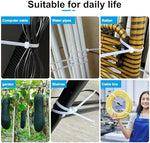 Weatherproof white zip ties being used outdoors on a garden fence to show UV resistance.