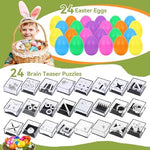 Colorful plastic easter eggs opened to reveal transparent acrylic brain teaser cubes