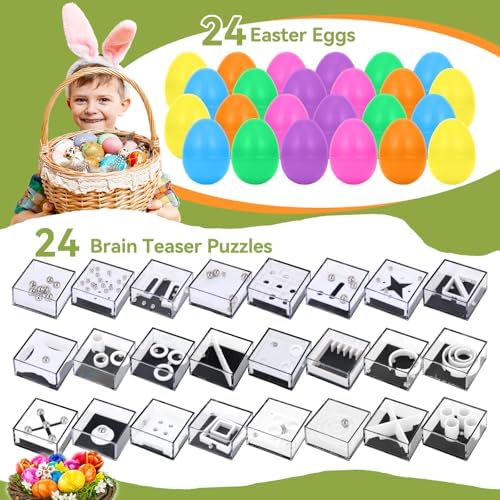 Colorful plastic easter eggs opened to reveal transparent acrylic brain teaser cubes