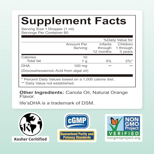 Nature's Nutra Vegetarian DHA Liquid dropper bottle highlighting the natural orange flavor labeling.