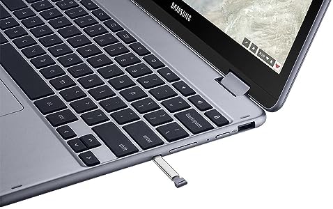 Samsung Chromebook Plus V2 keyboard deck displaying the unique secondary 13-megapixel camera layout.