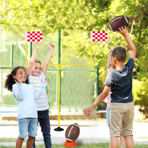 Six pack of mini kids playground balls with the included hand pump and black kicking tee layout.