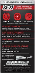 Back panel of Just For Men hair dye packaging with ammonia-free safety warnings and composition details