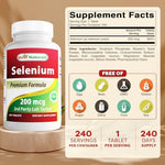 Best Naturals Selenium 200mcg supplement bottle showing premium non-GMO ingredients label