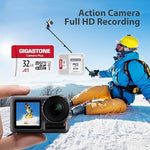 Five individual mini protective storage cases housing the high speed Gigastone 32GB memory cards.