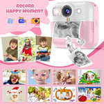 Close up of black and white printed thermal photo emerging from a pink kids camera housing