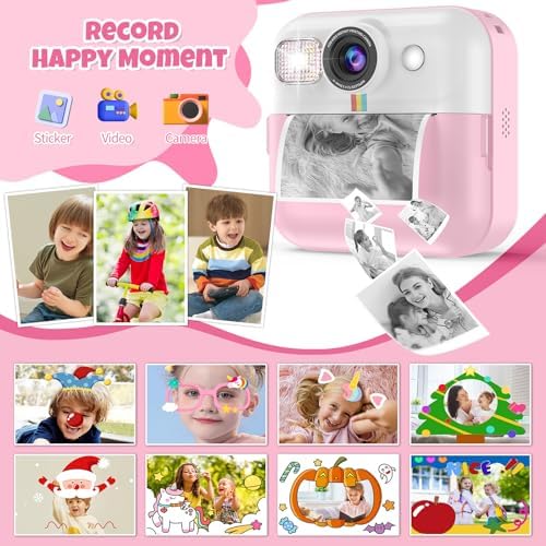Close up of black and white printed thermal photo emerging from a pink kids camera housing