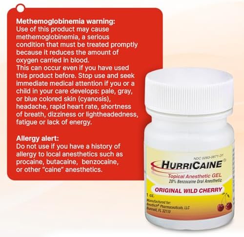 Dye-free HurriCaine gel packaging showing ingredients and drug facts.