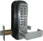 Lockey USA satin chrome digital lever lock installed on wooden door