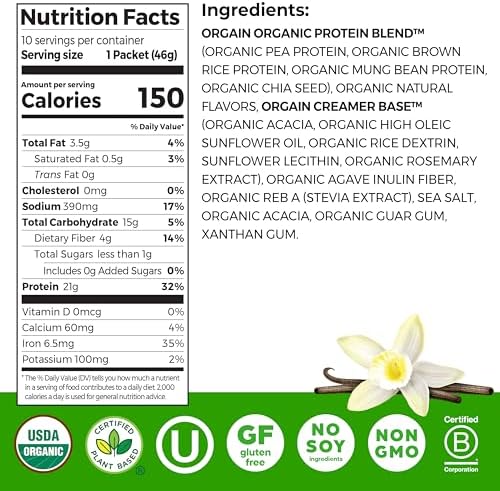 Orgain Vanilla Bean protein powder individual travel packets