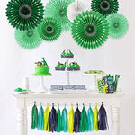 Eleven piece premium party supply kit laid out flat showing the various sizes and gradient green color scheme.