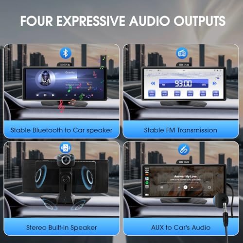 Haudio 10.26 inch car stereo monitor displaying split screen view with GPS navigation maps and music details
