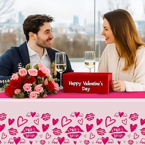 Festive Valentine's Day party setup with Childom plastic tablecloth