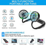 Hands free personal hanging neck fan showing three hundred sixty degree rotation capabilities