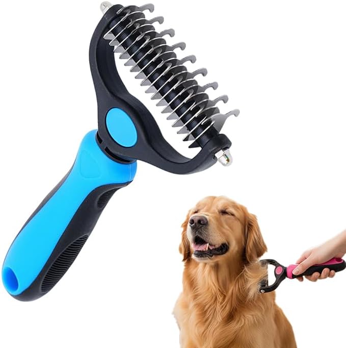 PetVogue double sided deshedding brush front view professional undercoat rake for dogs and cats