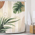 Glawry mid-century tropical plant shower curtain styled inside a modern aesthetic bathroom setup with hanging accessories.
