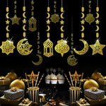 Six piece pre assembled golden mirror paper Ramadan ornaments displayed against a neutral background.