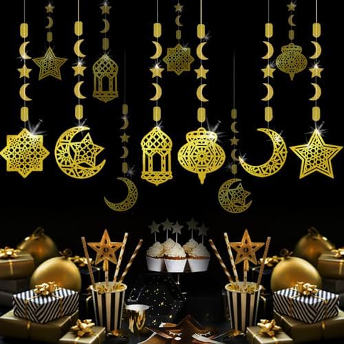 Six piece pre assembled golden mirror paper Ramadan ornaments displayed against a neutral background.