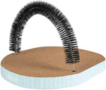 Catstages interactive cat scratching pad with removable curved self grooming brush attachment close up.