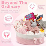 Zopeal twenty two piece newborn hamper demonstrating the interactive animal world soft book and cotton swaddle blankets