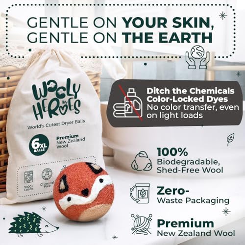 Wooly Heroes reusable dryer balls reducing wrinkles in fresh laundry.