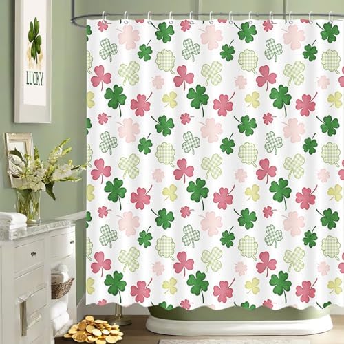Close-up detail of the waterproof polyester fabric on the MEHOFOND Irish clover bathroom curtain showing water resistance.