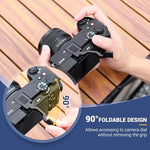 Foldable camera hand grip extension showcasing the unique space saving folding mechanism.
