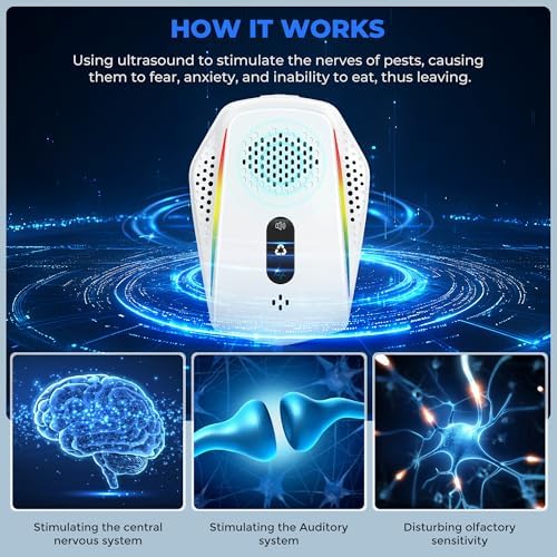 White ultrasonic insect control plug-in displaying blue indicator light for mode one