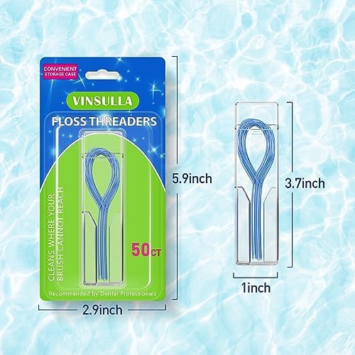 Flexible nylon dental floss threaders being used with braces for plaque removal.