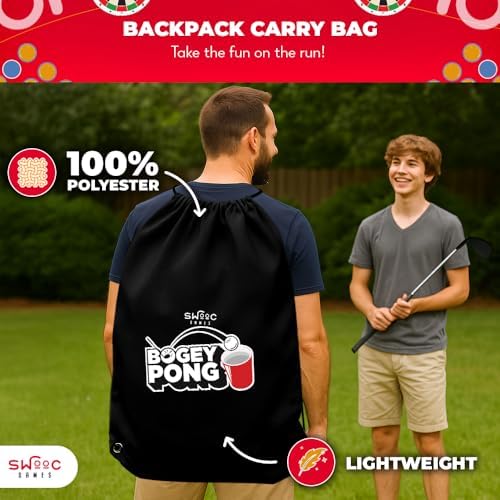Family playing 3-in-1 backyard golf and darts game