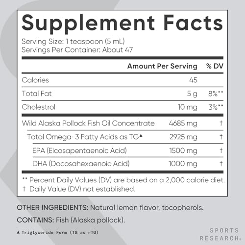 Sports Research liquid omega 3 fish oil showing natural lemon flavor label detail