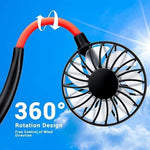 Hands free rechargeable neckband fan showing the flexible silicone arms rotated at different angles.