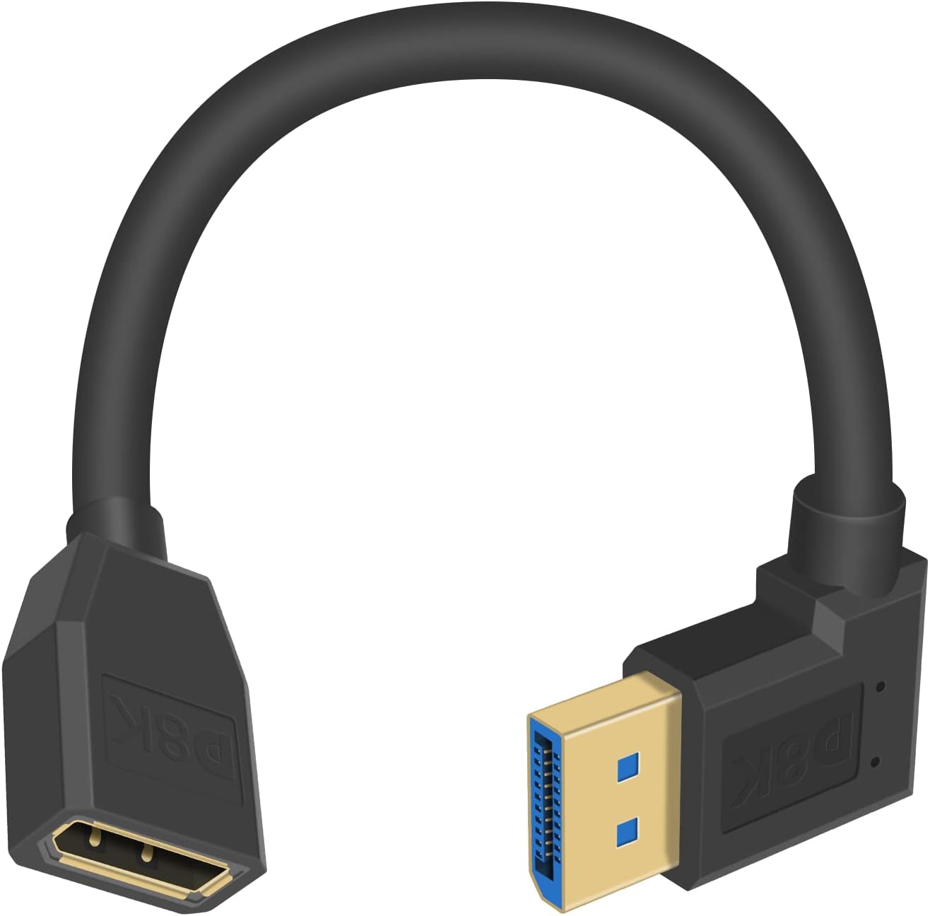 Poyiccot Right Angle DisplayPort 1.4 Cable 15cm front view showing the 90 degree male connector plug.