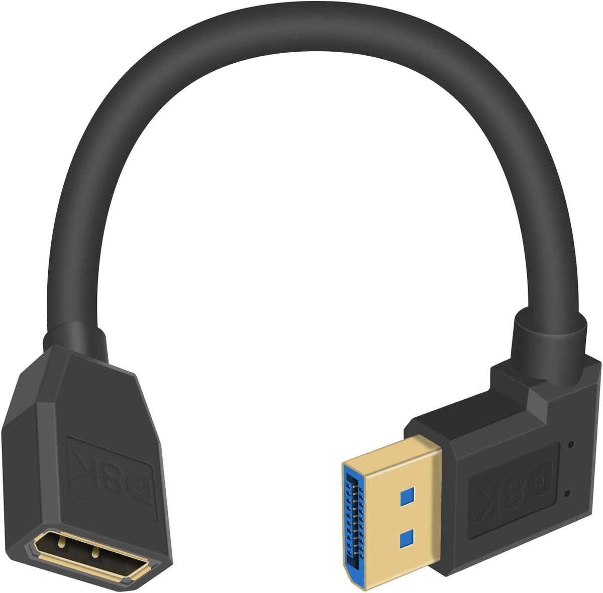 Poyiccot Right Angle DisplayPort 1.4 Cable 15cm front view showing the 90 degree male connector plug.