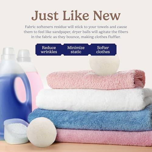Eco-friendly fabric softener alternative wool balls for reducing clothing wrinkles.