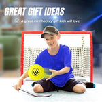 Four yellow mini stick knee hockey balls stored in mesh organizer pouch