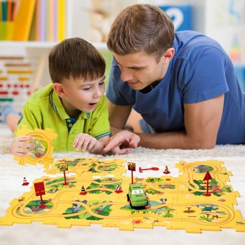 Assembled loop track with a miniature battery operated red car driving along the grooved pathways.